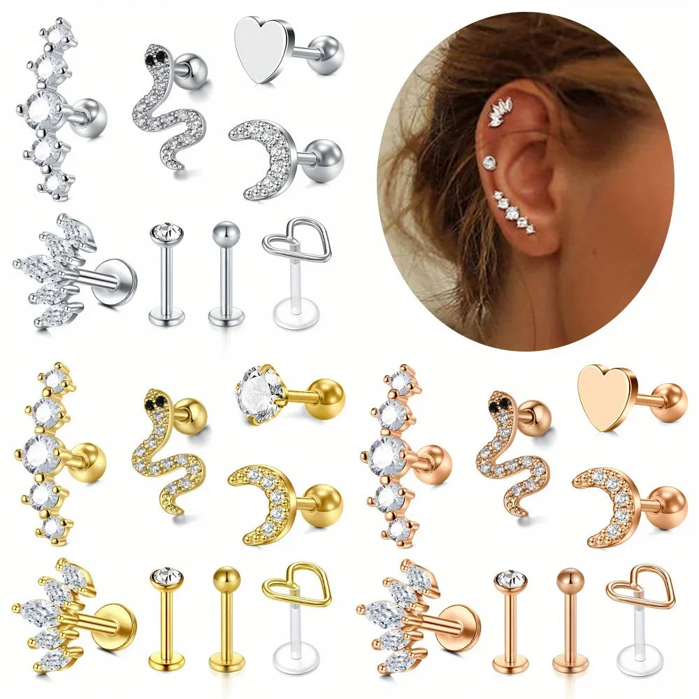 8Pcs 16G Stainless Steel Elegant And Delicate Cartilage Stud Earrings, Inlaid with Synthetic Zirconia Jewelry Pierced Ears
