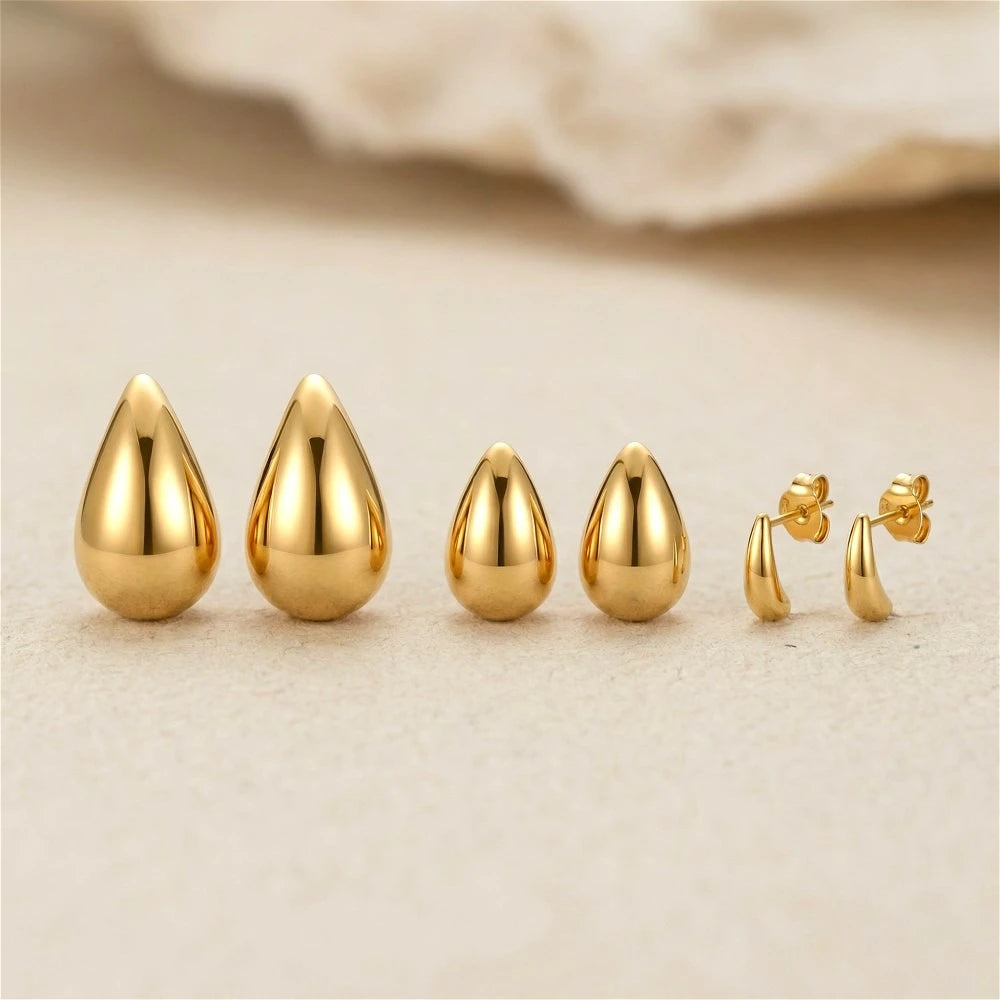 10-31mm Stainless Steel Vintage Chunky Water Drop Earrings For Women Gold Plated Thick Earring Statement Wedding Jewelry Gifts