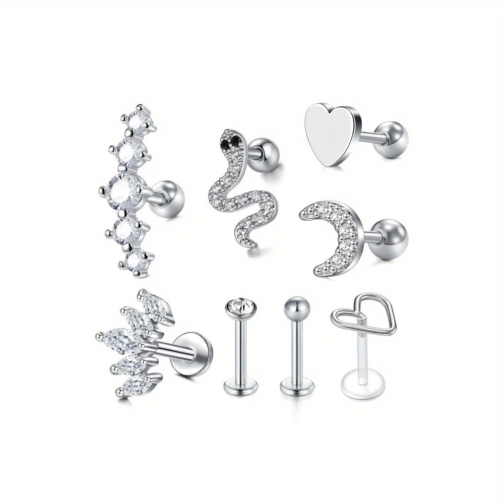 8Pcs 16G Stainless Steel Elegant And Delicate Cartilage Stud Earrings, Inlaid with Synthetic Zirconia Jewelry Pierced Ears