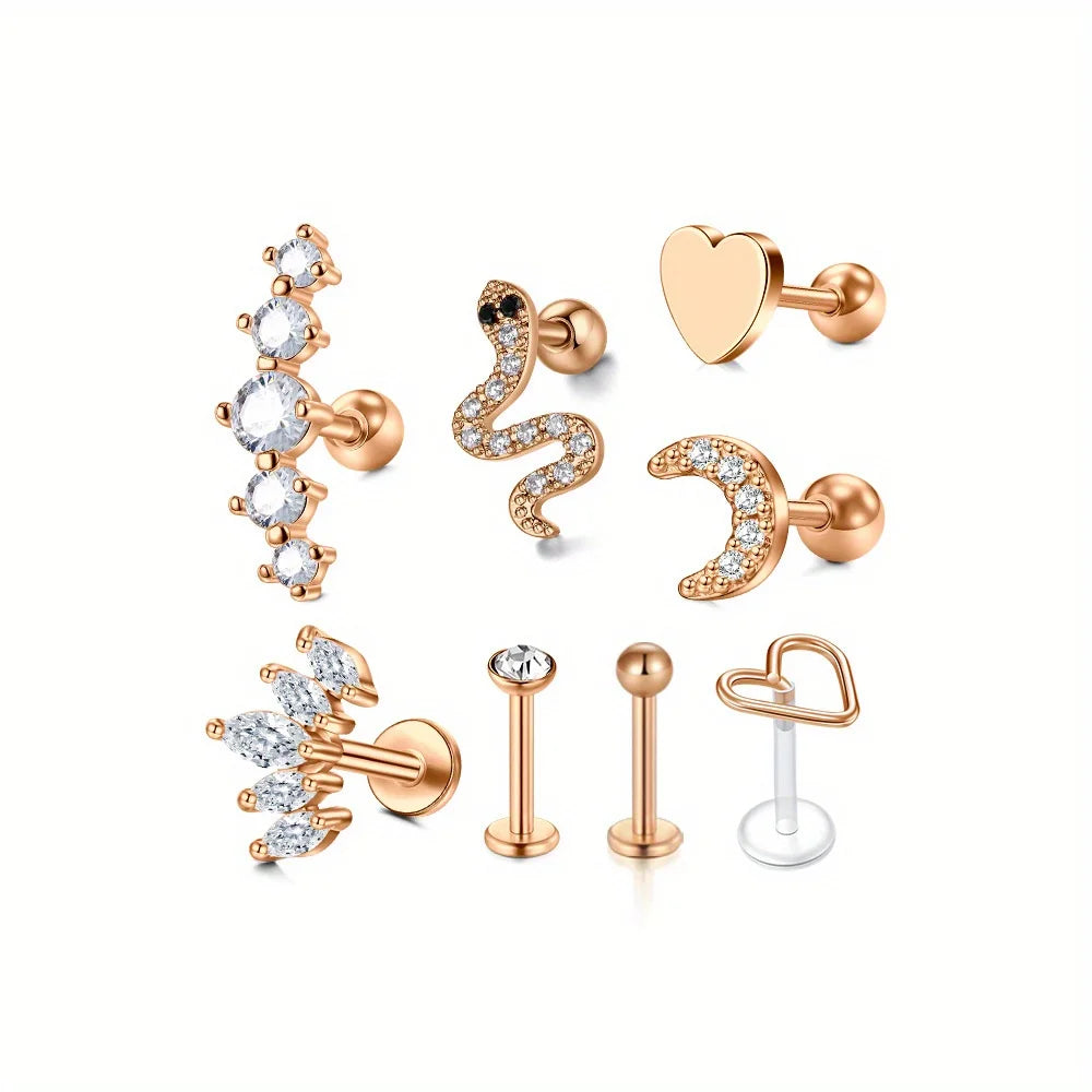 8Pcs 16G Stainless Steel Elegant And Delicate Cartilage Stud Earrings, Inlaid with Synthetic Zirconia Jewelry Pierced Ears