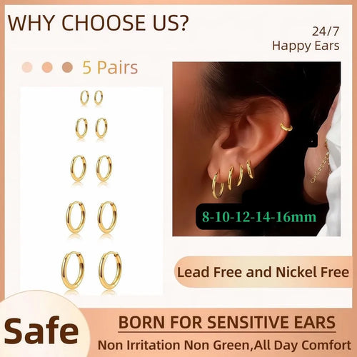 5 Pairs 14K Gold Plated Huggie Hoop Earrings for Women Men  Small Hoops,