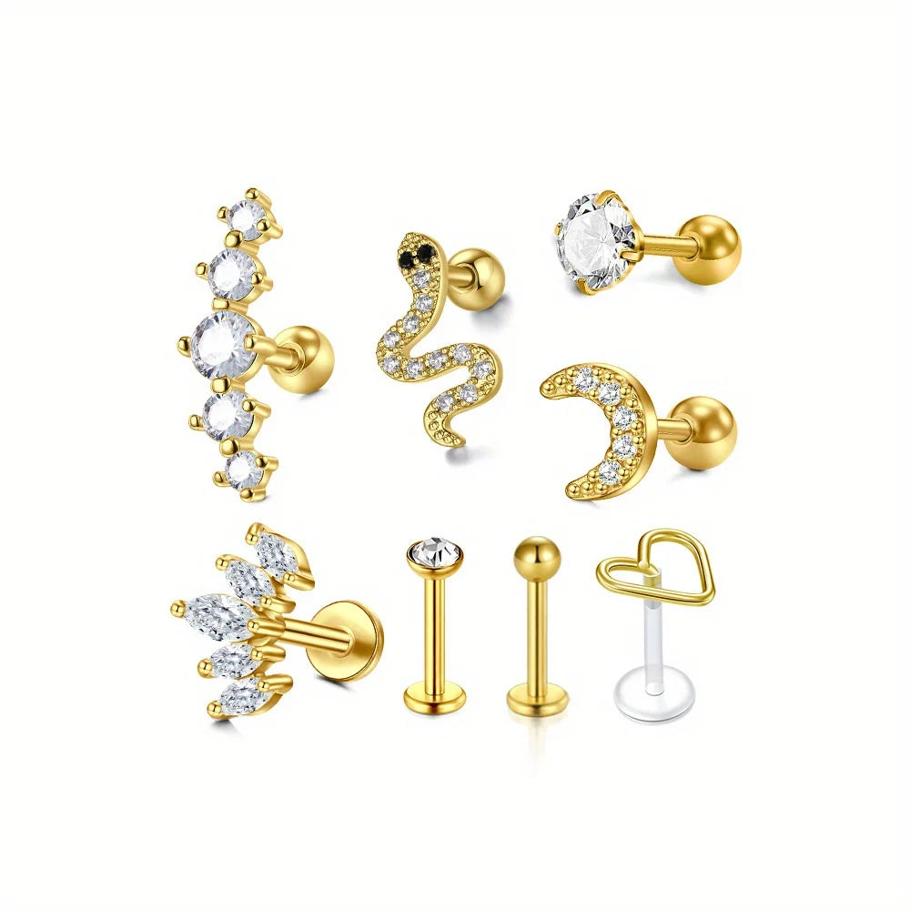 8Pcs 16G Stainless Steel Elegant And Delicate Cartilage Stud Earrings, Inlaid with Synthetic Zirconia Jewelry Pierced Ears