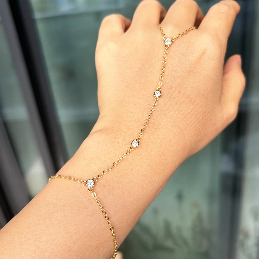 18K Gold Plated Stainless Steel Hand Chain Bracelet Zircon Link Slave Finger Ring Bracelet Fashion Jewelry for Women